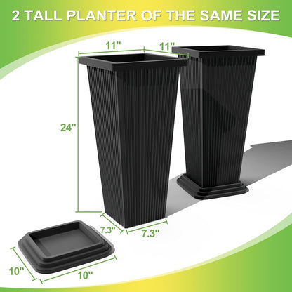 Set of 2 Large Tall Planter for Indoor or Outdoor 24" Flower Pots Tapered Tall Planters with Tray for Porch, Patio, Backyard, Large Planters for Outdoor Indoor Plants(Black,Striped)