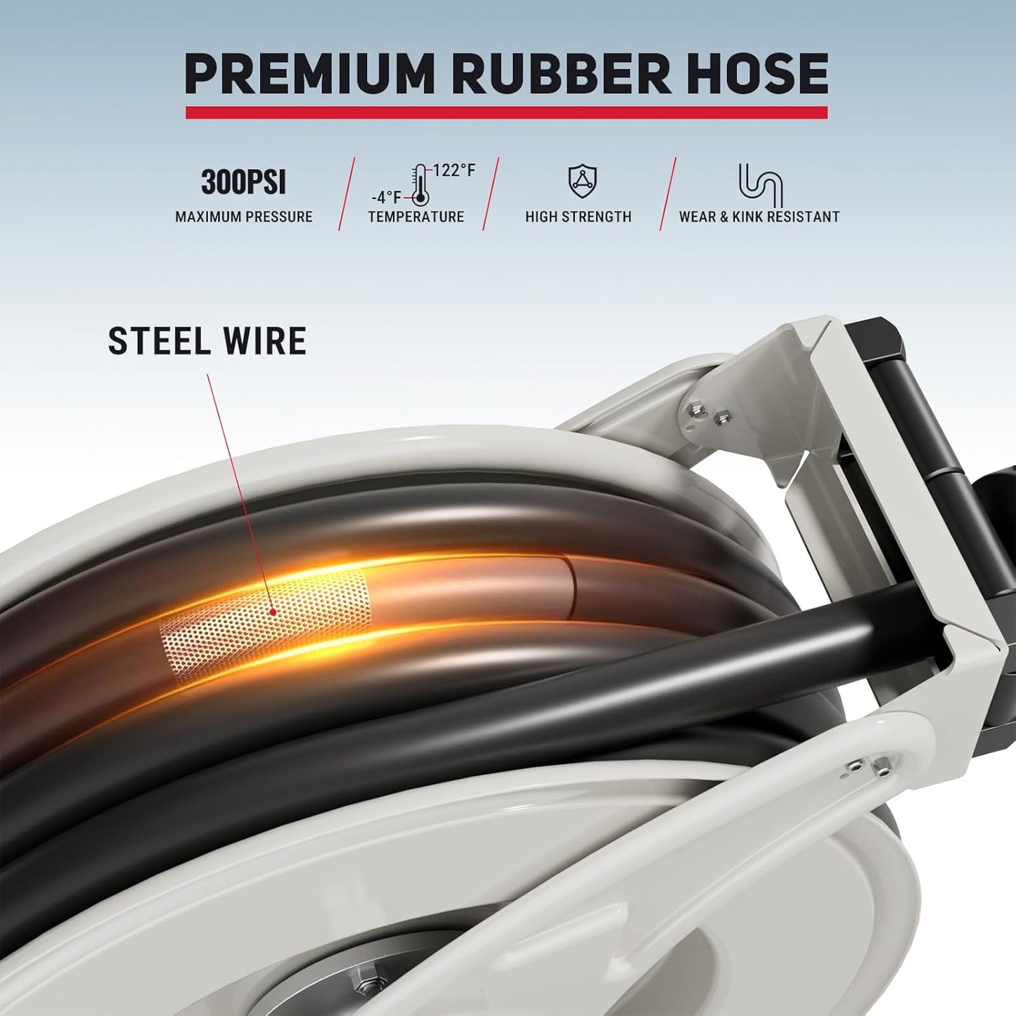 Fuel Hose Reel, 3/4" x 33FT Retractable Hose with Refueling Nozzle, 300 PSI Heavy-duty Steel Construction, Diesel Fuel Kerosene Reel Used for Aircraft Ship Vehicle Tanker Truck