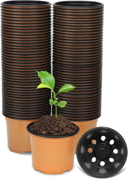 100 Pack 3 Inch Plant Nursery Pots for Plants, Small Plastic Pots with Drainage Holes, Seed Starter Pots for Transplanting, Succulents, Seeding, Cuttings, Flowers, Indoor Outdoor, Ochre