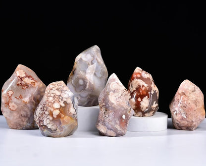 AMOYSTONE Cherry Blossom Agate Flame Shaped Stone Towers Obelisk Flower Agate Natural Healing Crystal Quartz Reiki Energy Decoration Home Office 1.5-2.2LBS