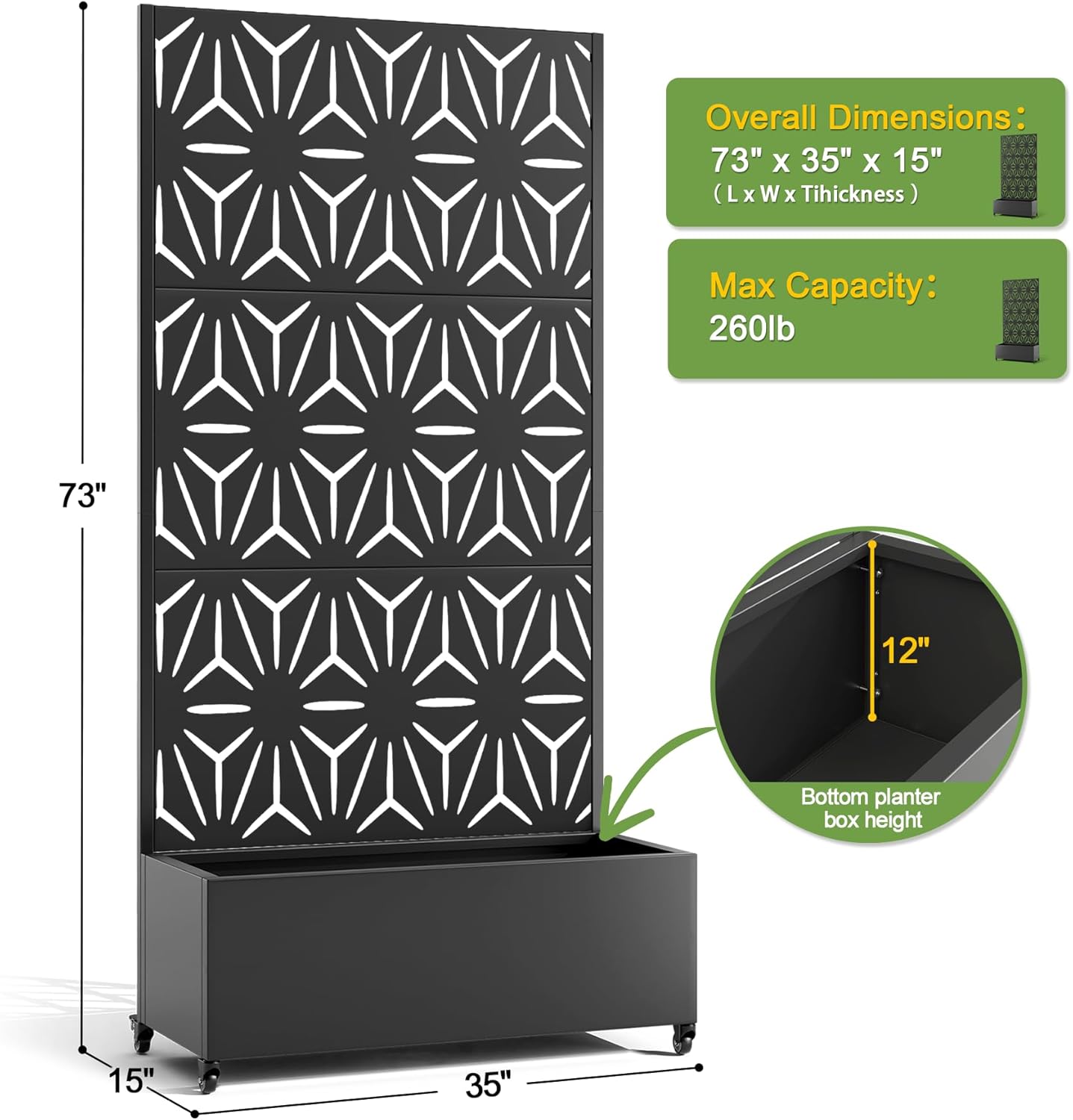 FENCY Metal Raised Garden Bed with Wheels and Trellis,73"x35"x16" Planter Box for Climbing Plants, Vegetables & Vines, Features Privacy Screen and Drainage Holes (Black-Star)