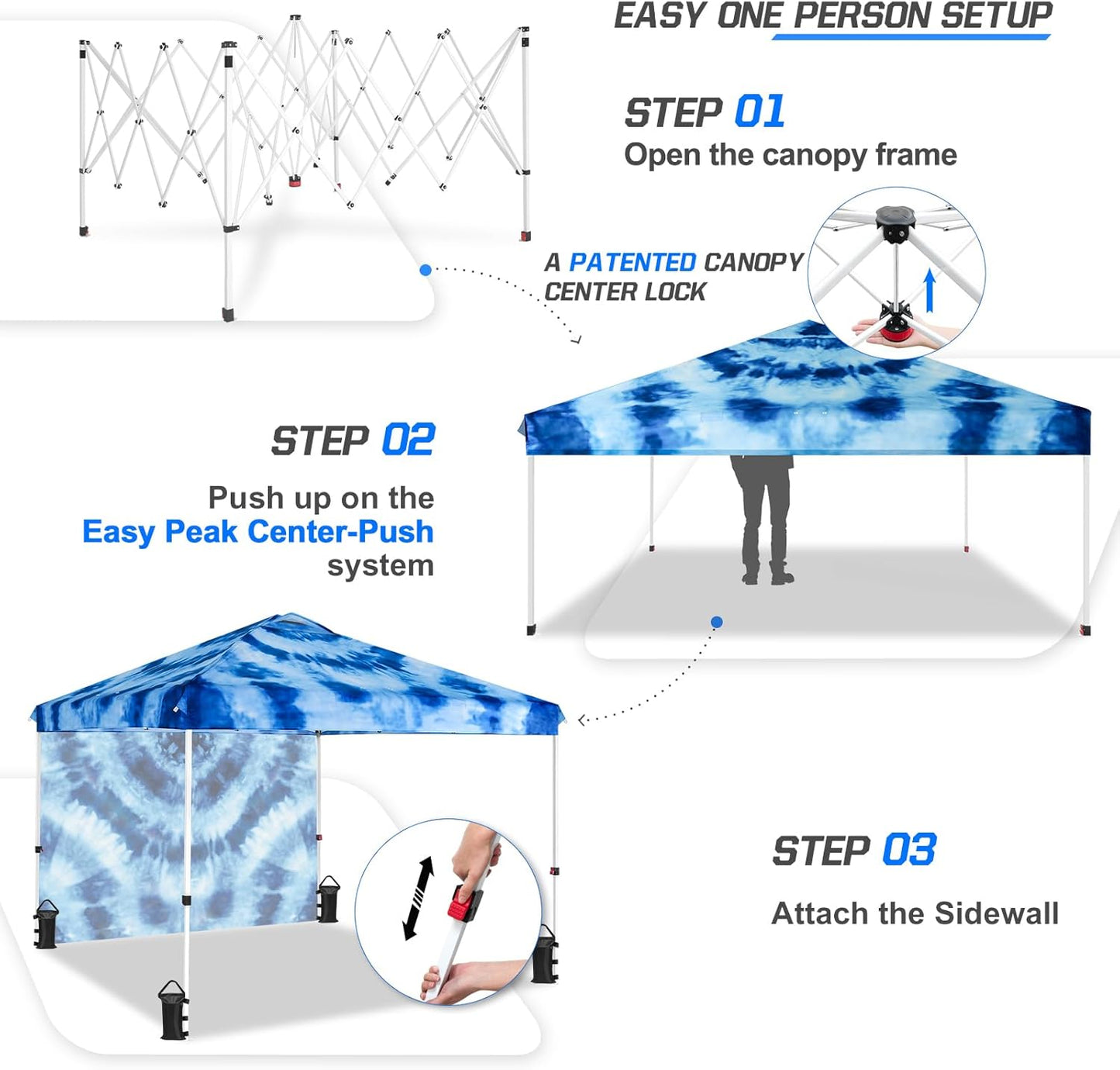 EAGLE PEAK Pop Up Canopy Tent with 1 Sidewall, Easy Setup Event Tent, Outdoor Sun Shade, Wheeled Carry Bag, Stakes and Guy Ropes, Instant Canopy 10x10, Tie Dye Blue
