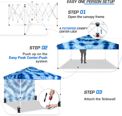 EAGLE PEAK Pop Up Canopy Tent with 1 Sidewall, Easy Setup Event Tent, Outdoor Sun Shade, Wheeled Carry Bag, Stakes and Guy Ropes, Instant Canopy 10x10, Tie Dye Blue