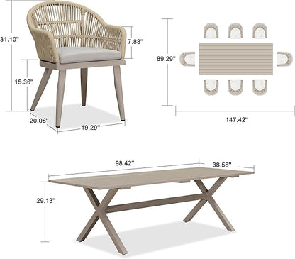 PURPLE LEAF 9 Piece Longer Patio Dining Set with Outdoor Aluminium Dining Table and Woven Chairs Modern Metal Furniture Cushions Sets for Garden Yard Indoor Decor Kitchen Champagne