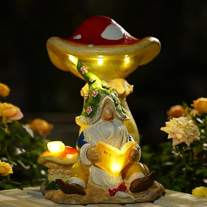 Solar Garden Outdoor Statues Gnome Reading Under Mushroom with 5 LED Solar Figurine for Lawn,Patio,Balcony,Yard Decor Unique Housewarming Gift for Grandfather, Father,Grandma,Wen