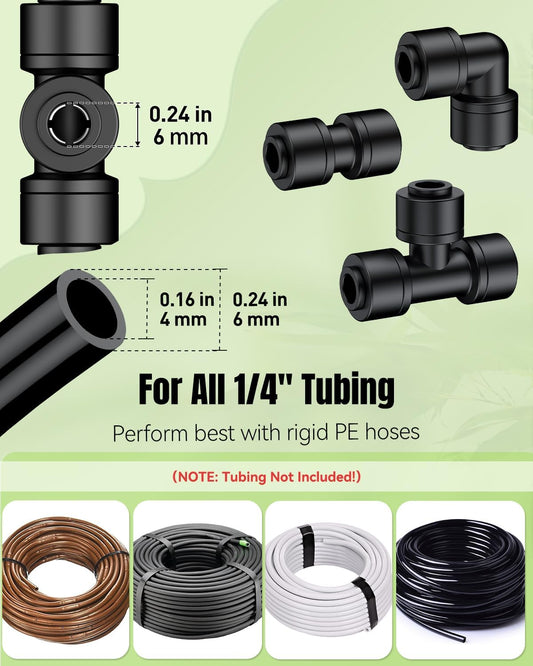 Pawfly 40 Pcs Quick Connect Drip Irrigation Fittings Kit for 1/4" Tubing, Push-to-Fit Drip Line Connectors Set with 10 Tees, 10 Couplings, 10 Elbows & 10 End Plugs, Anti-Leak Drip Irrigation Parts