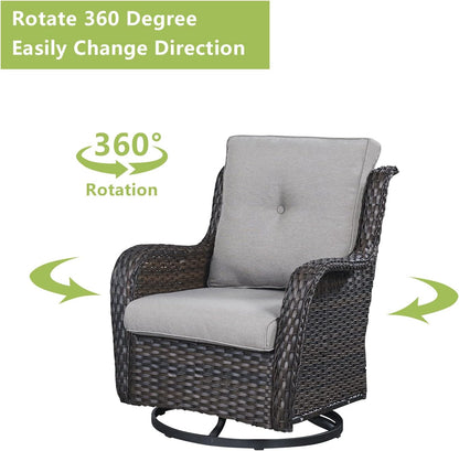 Outdoor Wicker Patio Furniture Set - 5 Piece Rattan Patio Conversation Set with 2 Rocking Swivel Chairs,2 Ottomans and 1 Loveseat for Porch Deck Backyard Garden(Brown/Grey)