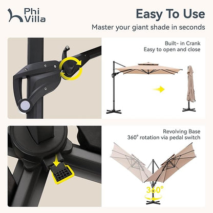 PHI VILLA 10ft Patio Cantilever Umbrella With Base, 360° Rotation & Infinite Tilt Aluminum Square Double Top Outdoor Offset Umbrella, Heavy Duty for Garden Poolside Backyard, Beige