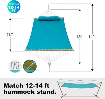Double Quilted Fabric Hammock with Spreader Bar, Fits 12-14ft Hammock Stand, 2 Person 14ft Hammocks for Outside, Large Removable Pillow, Storage Bag, Carabiners, Max 475 lbs Capacity (Aqua)