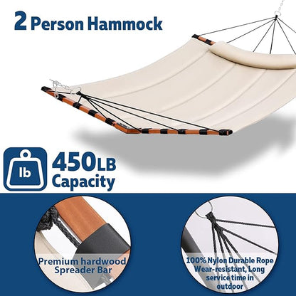 TegerDeger 12FT 2 Person Hammock Large Hammock 450LB Capacity with V Shaped Hardwood Spreader Bar & Nylon Rope for Outside, Patio, Garden, Backyard, Beach, Poolside - Beige