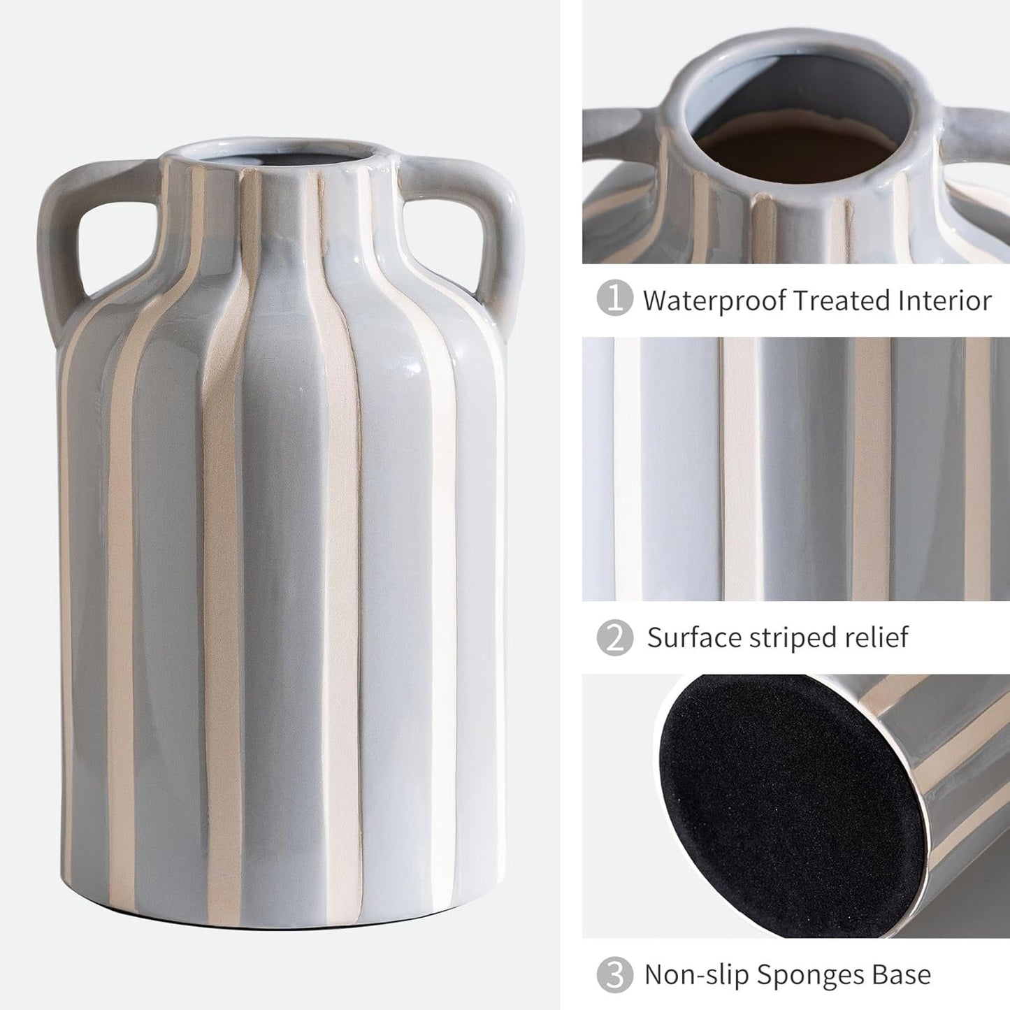 Ceramic Grey and White Checkered Stripes Vase with Handles, Hand-Painted Modern Minimalist Bohemian Floral Vases Home Decor, Cottage Core Decor, Flower Vase for Bouquet Mantle Kitchen Bookshelf 9.1 In