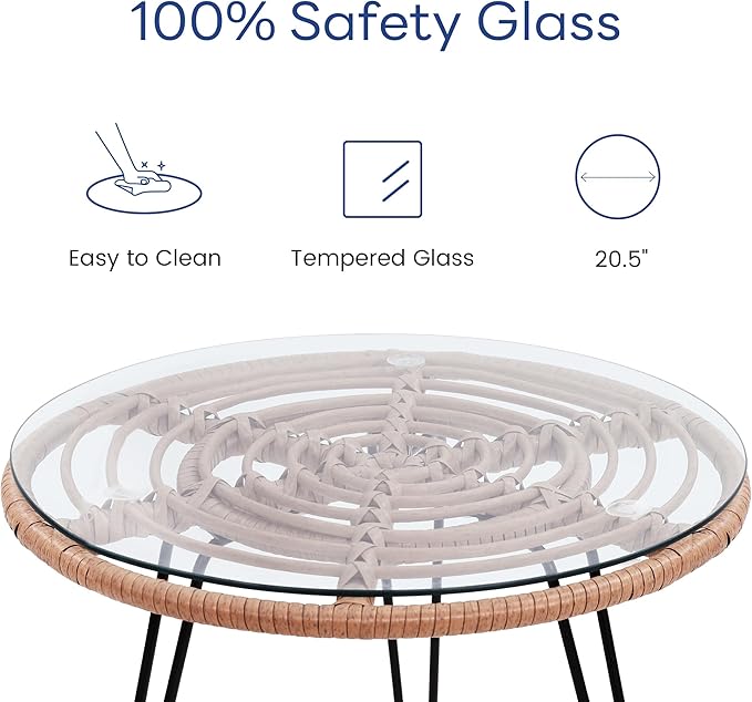 3 Piece Wicker Patio Bistro Furniture Set, Includes 2 Rattan Chairs and Glass Top Table, Ideal for Porch, Outdoor, Backyard, Apartment, Balcony, Natural