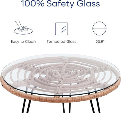 3 Piece Wicker Patio Bistro Furniture Set, Includes 2 Rattan Chairs and Glass Top Table, Ideal for Porch, Outdoor, Backyard, Apartment, Balcony, Natural