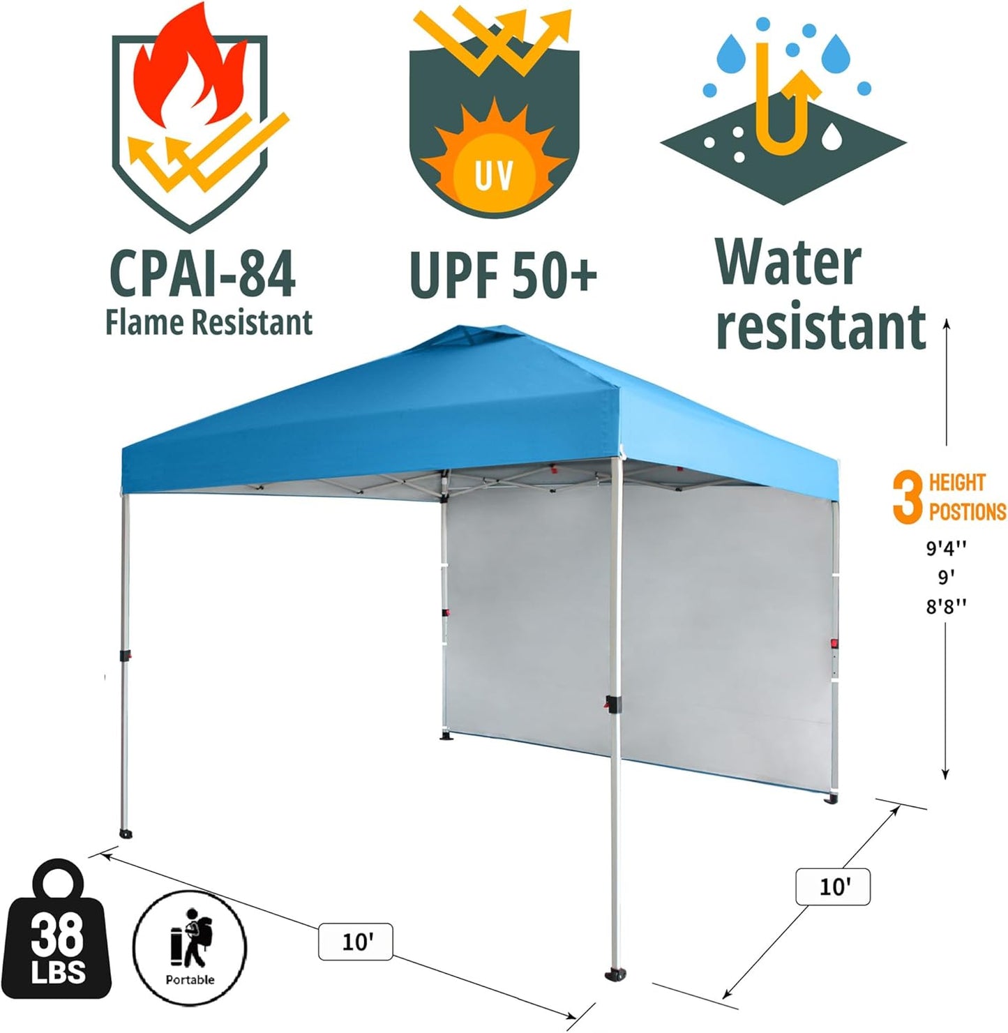 CROWN SHADES 10x10 Pop Up Canopy with 1 Side Wall - Beach Tent with One Push Setup - Outdoor Sun Shade for Events, Parties, Camping - Gazebo with STO-N-Go Cover Bag (Sky Blue)