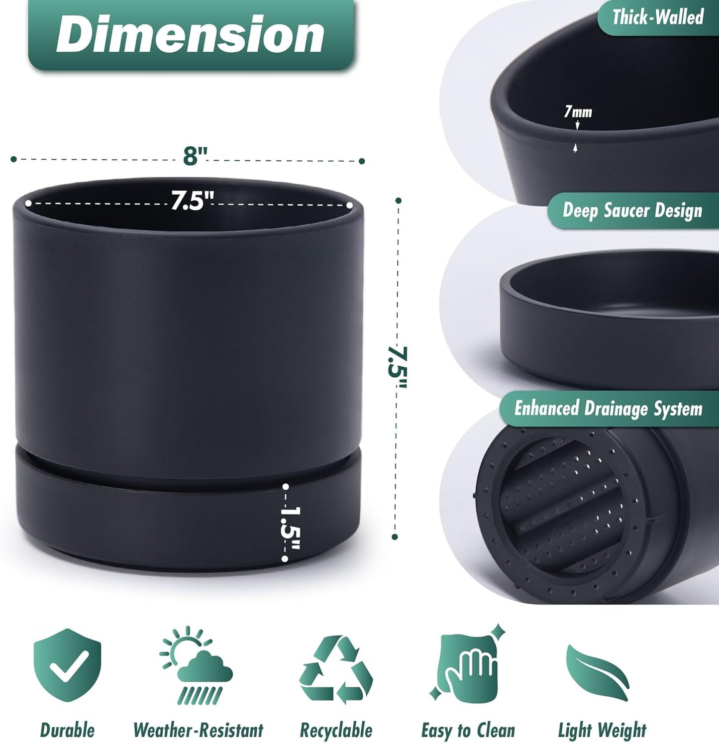 Phoenix Vine 8 Inch Planter Pot with Drainage Hole & Saucer, Deep Water Catch Tray, Straight Cylindrical Round Pot for Plants, Matte Black, Pack of 2, 23-C-T-2