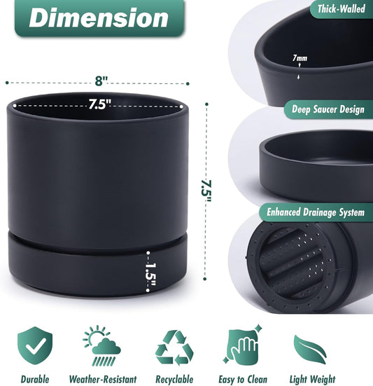 Phoenix Vine 8 Inch Planter Pot with Drainage Hole & Saucer, Deep Water Catch Tray, Straight Cylindrical Round Pot for Plants, Matte Black, Pack of 2, 23-C-T-2