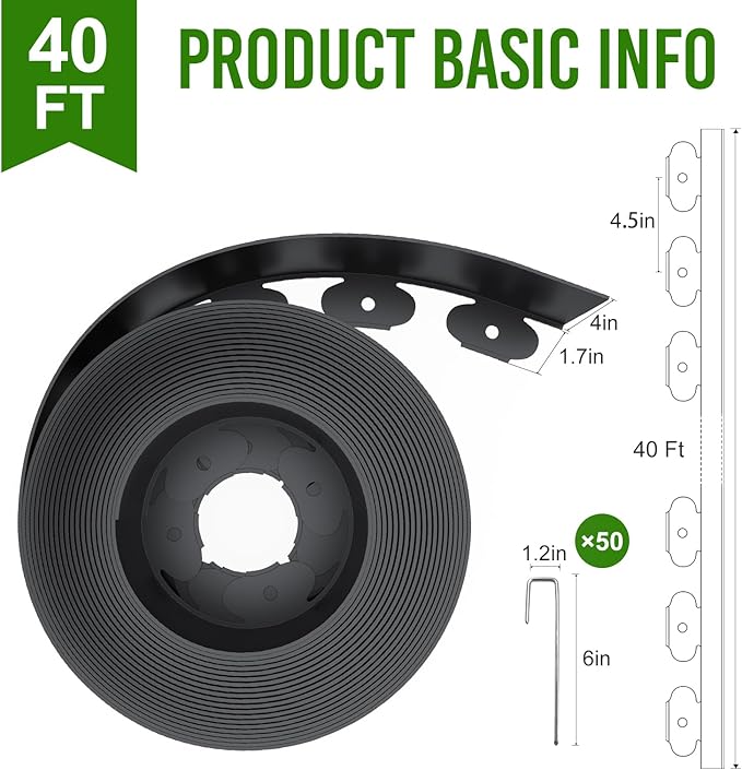 Landscape Edging 4 Inch Tall 40FT with 50Pcs Metal Spikes, Plastic Garden Edging Border Landscape Edging Border Lawn Edging for Landscaping, Flower Bed, Yard