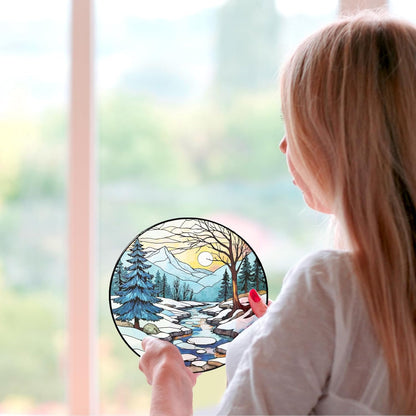 Winter Stained Glass Suncatcher for Window Hanging, Pine Tree Winter Landscape Blue White Glass Panel Decor Home Window for Women Men Wife Mom 7.8 inches