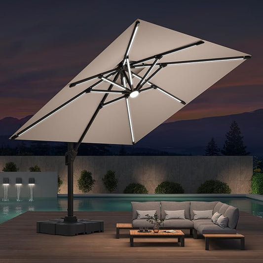 10x10 FT Cantilever Patio Umbrella with Led Lights Double Top Outdoor Square Heavy Duty Offset Umbrellas 360°Rotation Free-motion Track Tilt Windproof for Pool Deck Garden, Beige