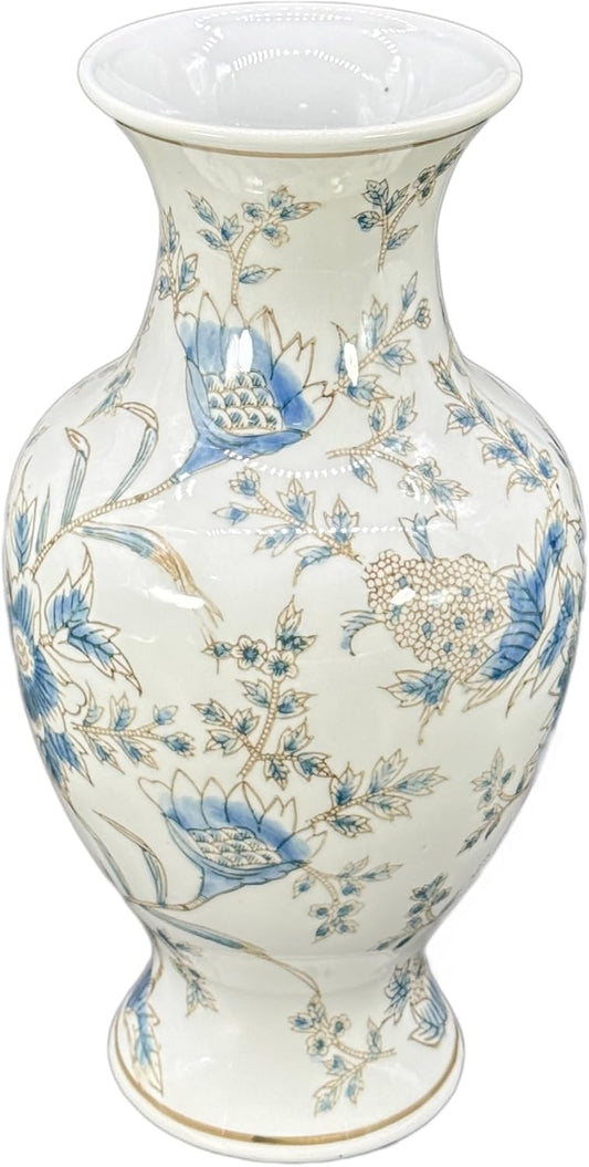 Galt International White & Blue Floral Chinoiserie Ceramic Vase 14" - Hand Painted Antique Style Porcelain Flower Bottle Fishtail Porcelain Chinese Vase for Home Decor Centerpiece