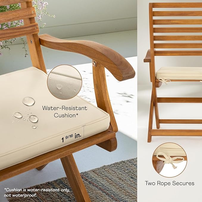 IDZO, Percy Chairs Heavy Duty 400lbs Capacity Set of 2 w/Cushion, FSC Acacia Outdoor Furniture, Teak Finish, Fully Assembled, Wood Folding_Beige