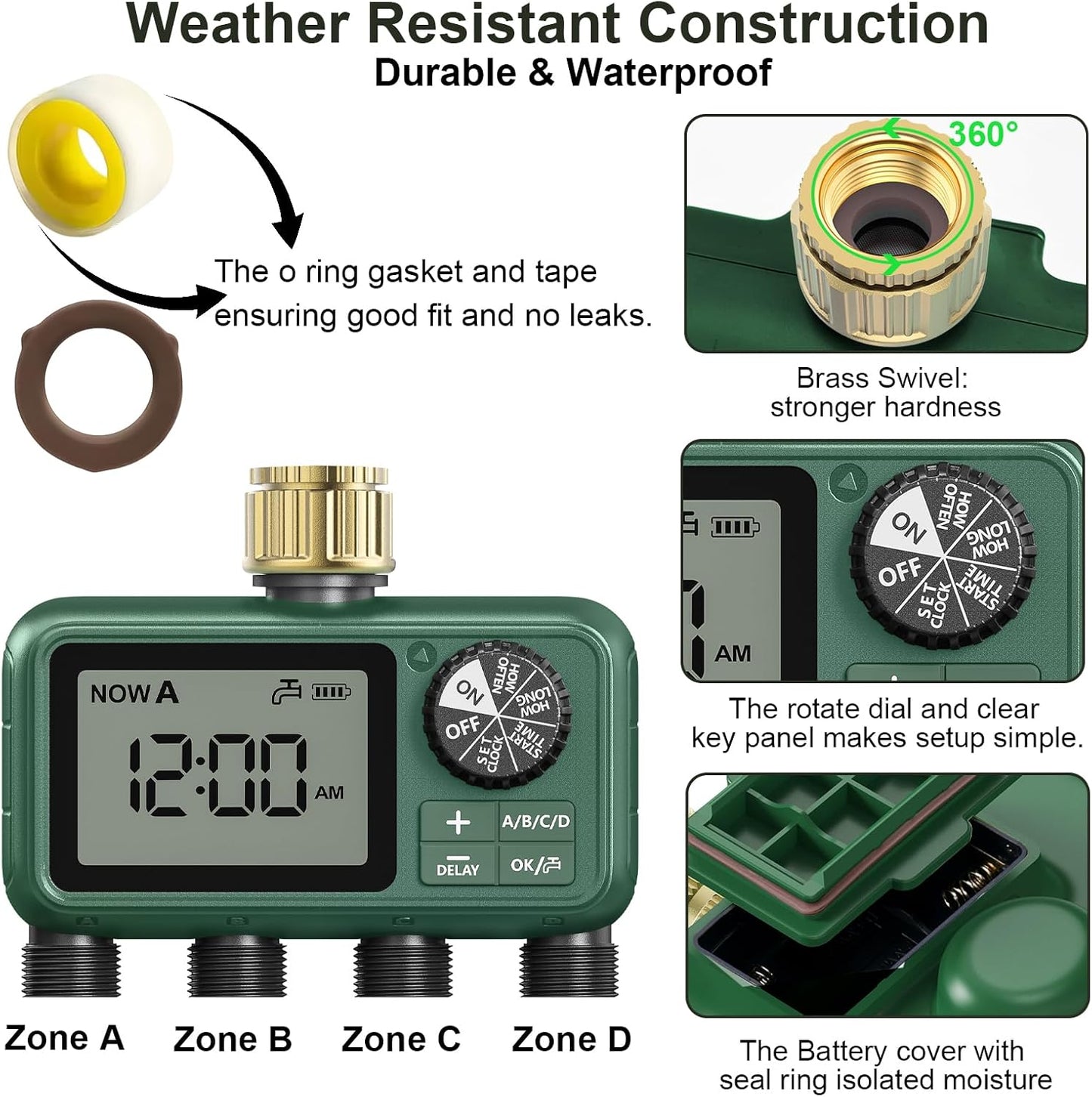 4 Zone Sprinkler Timer with Brass Inlet,Programmable Water Timer for Garden Hose with Rain Delay, Manual& Automatic Watering System,Programmable Digital for Lawn Yard,4 Zone