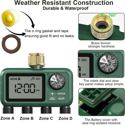 4 Zone Sprinkler Timer with Brass Inlet,Programmable Water Timer for Garden Hose with Rain Delay, Manual& Automatic Watering System,Programmable Digital for Lawn Yard,4 Zone