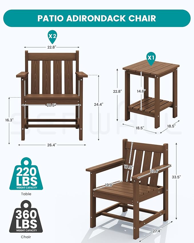 SERWALL 3 Pieces Patio Bistro Set, All Weather Adirondack Chair Set with Side Table, HDPE Material Outdoor Patio Furniture Set for Balcony, Porch, Garden, Backyard- Brown