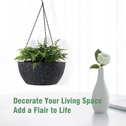 10 inch Hanging Planters for Outdoor Indoor Plants with Drainage Holes and Chain, 2 Pack Round Hanging Flower Pots for Garden Home Porch Decor, Speckled Black