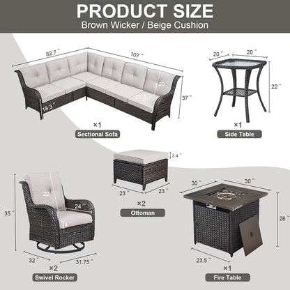 Outdoor Sectional Furniture Sofa Set with Propane Fire Pit Table, Wicker Patio Conversation Set with 2 Swivel Rocker Glider Chairs Beige Cushion Perfect for Backyard Casual Gathering