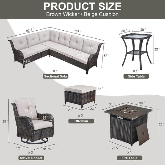 Outdoor Sectional Furniture Sofa Set with Propane Fire Pit Table, Wicker Patio Conversation Set with 2 Swivel Rocker Glider Chairs Beige Cushion Perfect for Backyard Casual Gathering