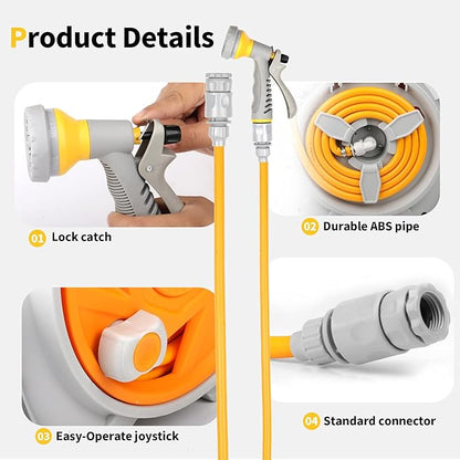 Garden Retractable Hose Reel, Portable Simple Home Hose Reel 45+5 FT with 7 Patterns Spray Nozzle, Wall Mounted and Any Length Lock for Garden Watering, Car Washing, Pet (Orange)