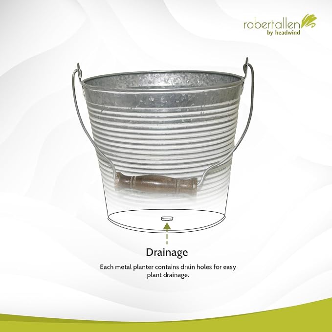 Headwind Vintage Collection - Floral Galvanized White Wash Planter with Handles – 12 Inch Flower Pots Decorative Plant Indoor – Plant Pots Indoor with Drainage by Robert Allen