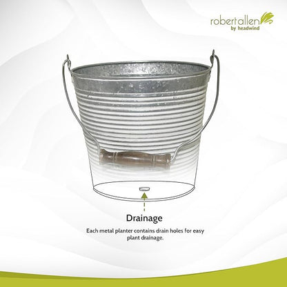 Headwind Vintage Collection - Floral Galvanized White Wash Planter with Handles – 12 Inch Flower Pots Decorative Plant Indoor – Plant Pots Indoor with Drainage by Robert Allen