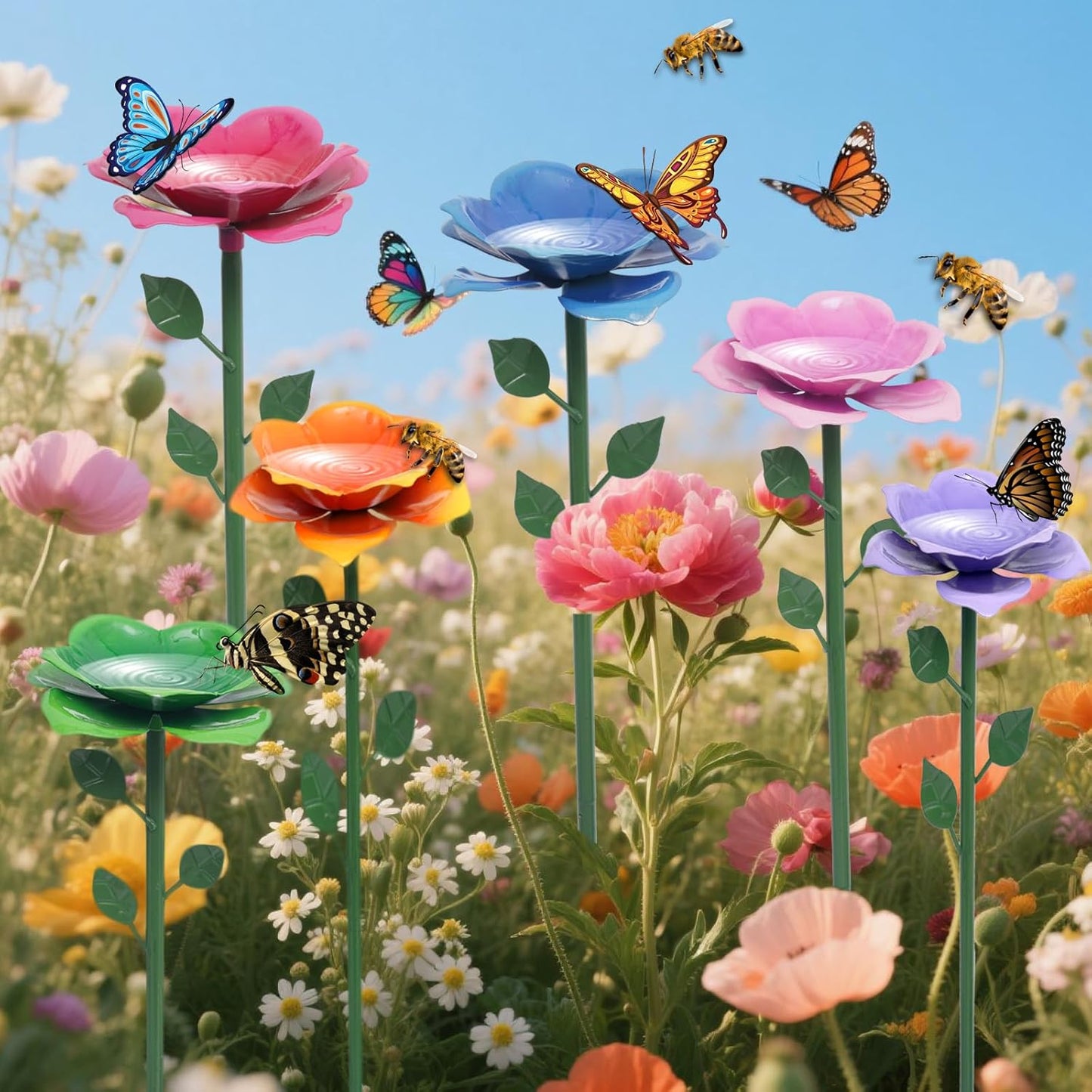 Bee Watering Station, Butterfly Feeder, Metal Bee Water Feeder with Flower Design,Elegant Outdoor Rose Yard & Patio Decoration (6PCS)