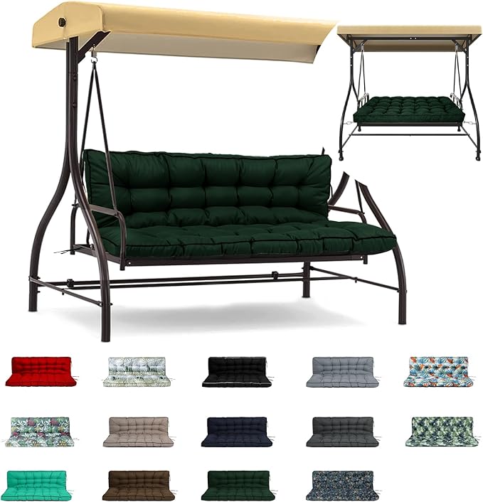 Swing Replacement Cushions with Backrest, 2 or 3 Seater Waterproof Non-Slip Overstuffed Swing Pad, Indoor/Outdoor Bench Cushion for Porch Chair Swings Garden Furniture (Dark green, 40 * 55 in)