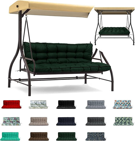 Swing Replacement Cushions with Backrest, 2 or 3 Seater Waterproof Non-Slip Overstuffed Swing Pad, Indoor/Outdoor Bench Cushion for Porch Chair Swings Garden Furniture (Dark green, 40 * 55 in)