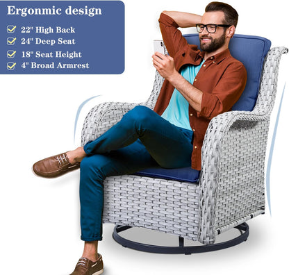 4 Pieces Patio Furniture Sets, Wicker Patio Swivel Glider Chair with Ottomans, Outdoor Furniture Set for Outside Porch Deck Balcony, Light Grey