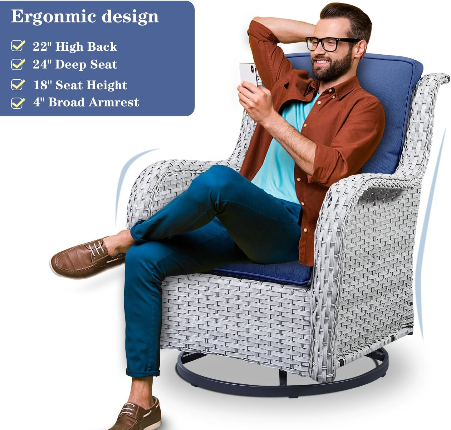 Wicker Patio Furniture Sets - 13 Piece Outdoor Rattan Furniture Conversation Sets with 4 Swivel Rocker Chairs, 2 Rattan Sofas, Wicker Ottomans and Coffee Table, Light Grey/Blue