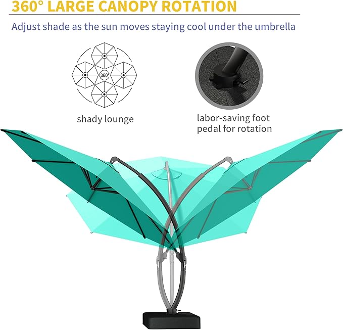 Kingdura 11ft Cantilever Patio Umbrella with Base Included, Large Round Offset Outdoor Pool Umbrella, 360° Rotation & Infinite Tilt, Heavy Duty Aluminum Frame for Deck Backyard, Turquoise Blue