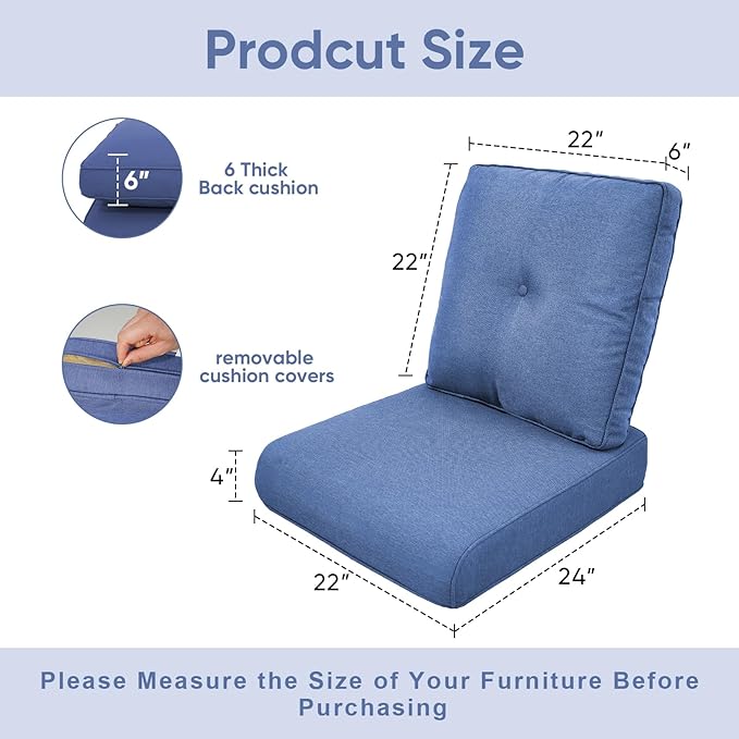 Outdoor Wicker Chair Cushions 2 Packs - Outside High Back Thick Water-Resistant Cushion 22x24 with Zipper Cover for Patio Glider Rocking Chairs Loveseat Couch – Blue/Buckle