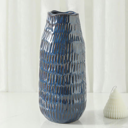 Blue Ceramic Vase for Home Decor, 12.6 Inch Tall Flower Vase with Modern Textured Finish,Decorative Floor Vase for Pampas Grass, Entryway, Living Room, Dining Table, Farmhouse or Office