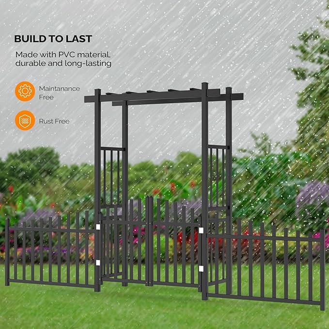 VINGLI Garden Arbor with Gate and Fence, PVC Frame Trellis Garden Arch for Plant Climbing, Vinyl Pergola Wedding Arch Backdrop Standing for Backyard, Lawn, Event (Black)