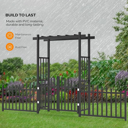 VINGLI Garden Arbor with Gate and Fence, PVC Frame Trellis Garden Arch for Plant Climbing, Vinyl Pergola Wedding Arch Backdrop Standing for Backyard, Lawn, Event (Black)