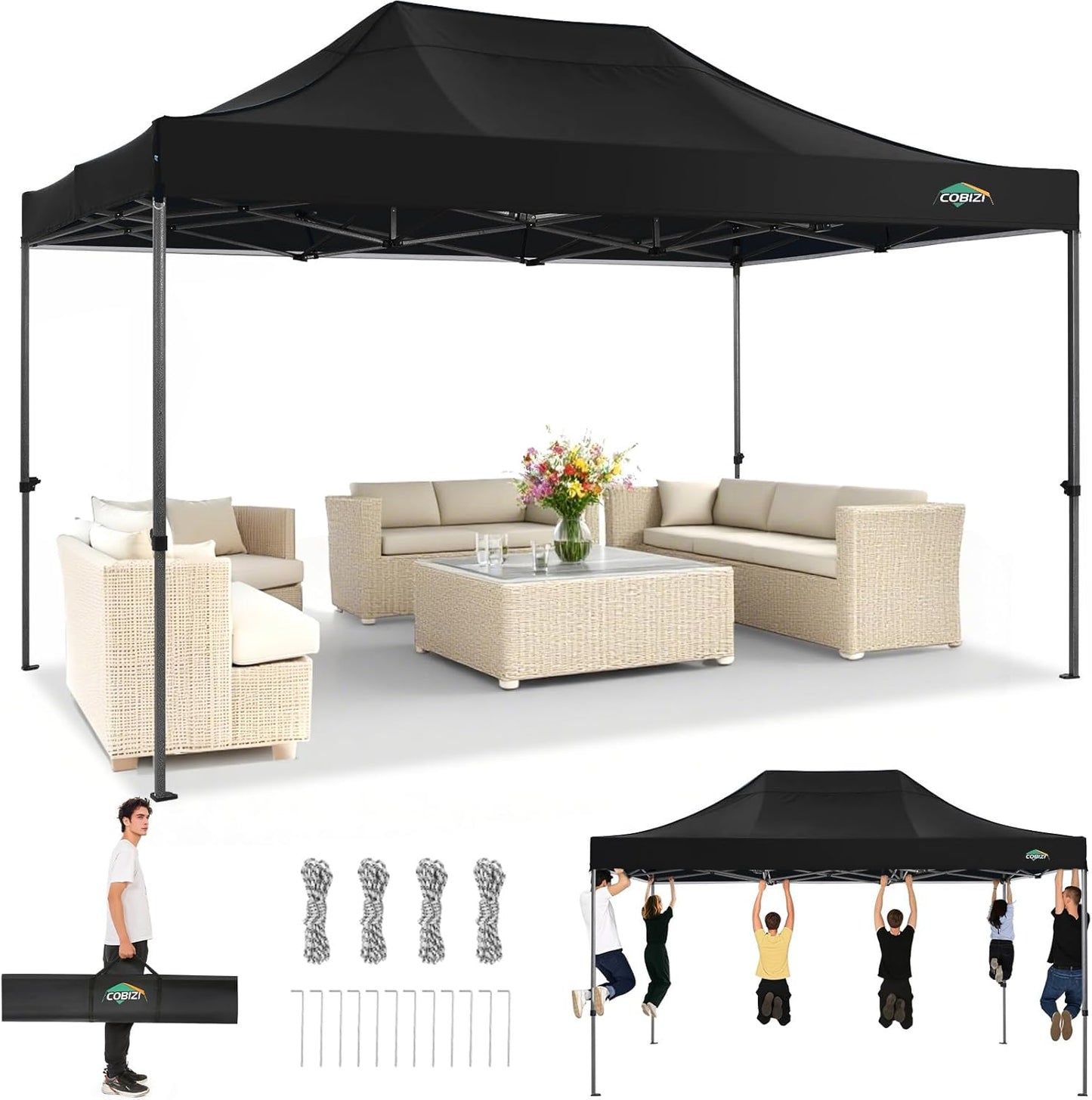 COBIZI 10x15 Pop up Canopy Heavy Duty Without Sidewalls, Easy Set-up Commercial Outdoor Party Canopy, 100% Waterproof Wedding Gazebo, 3 Height Adjustable with Handbag, Black
