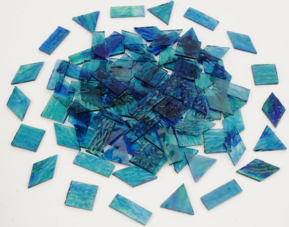 200g Transparent Mosaic Glass Tiles, Large Stained Glass Pieces for DIY Mosaic Craft Supplies, 4 Shapes Mosaic Glass Tiles for DIY Mosiac Present, Pond Water Blue