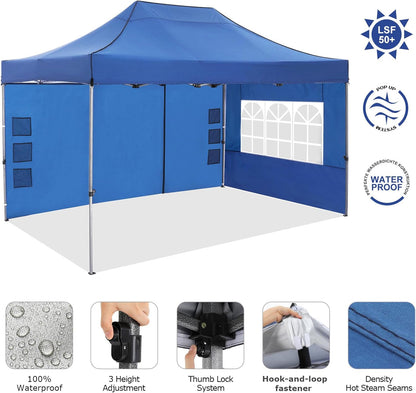 COBIZI 10x15 Pop up Canopy Heavy Duty with 4 Sidewalls, Easy Set-up Commercial Outdoor Party Canopy, 100% Waterproof Wedding Gazebo, 3 Height Adjustable with Handbag, Blue
