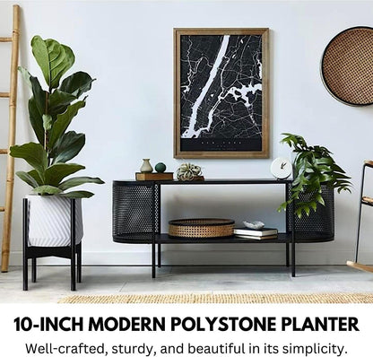 Fox & Fern 10 Inch Plant Pot with Drainage Plug — Premium Polystone White Plant Pot; Modern Planter with 3D Texture and Ceramic Finish; 10 Inch Pots for Plants Indoor & Outdoor