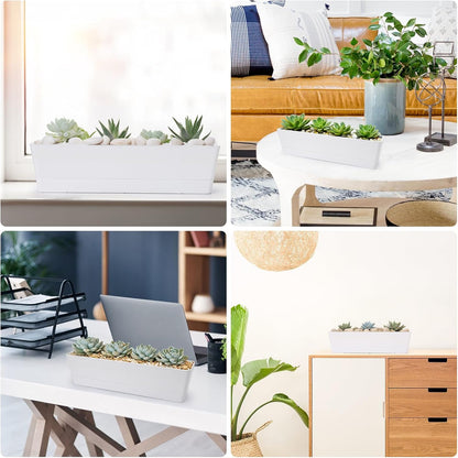 GREANER 16x3.8 Inch Window Boxes Planters, 1PCS White Vegetable Herb Planters with Tray, Indoor Succulent Cactus Flowers Plastic Rectangle Pot for Balcony, Office, Garden, Outdoor, Windowsill