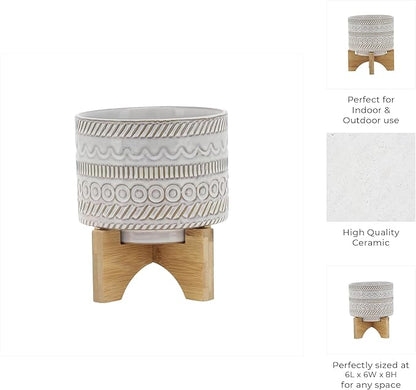Sagebrook Home Ceramic Planter with Stand - Decorative Stoneware Plant Pot with Bamboo Wood Base - Boho Style Indoor & Outdoor Garden Decor for Home & Office - 8" Ivory & Tan